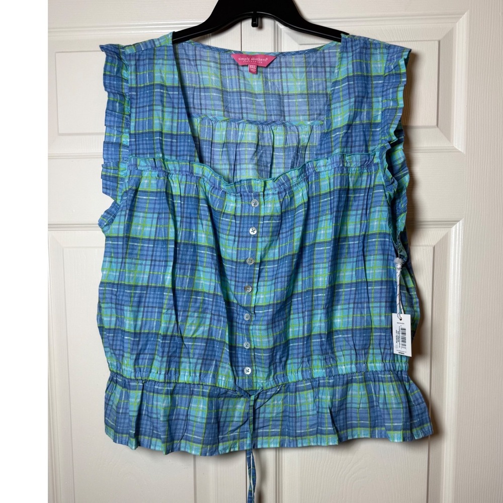 Simply Southern blue and green plaid sleeveless 100% cotton peplum top xxl